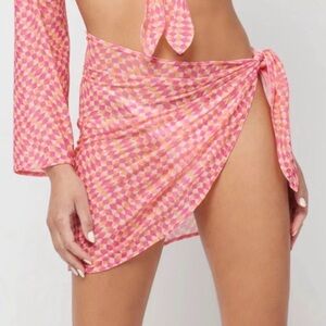 L*Space /Swim Cover Up Bandera Sarong Multicolor Geometric Checkered Pink Orange